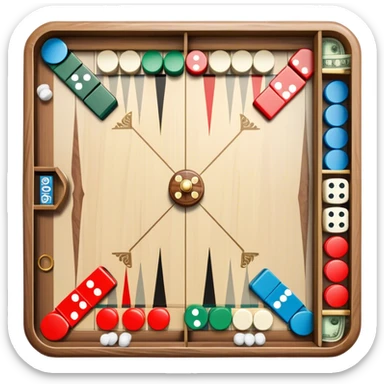 A photorealistic icon featuring a backgammon board with dice, a Monopoly board with money and property cards and a Game of Life spinner. The design captures the detailed textures of the boards, pieces, and accessories. Transparent background. sticker