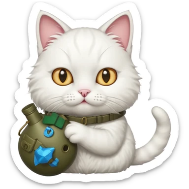 White cat holding a grenade sticker