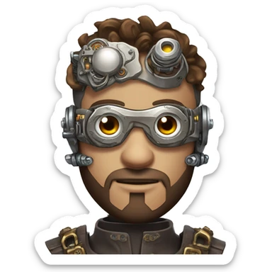 male cyborg head with brown short hair, brown beard, silver steampunk goggles and circuitry sticker