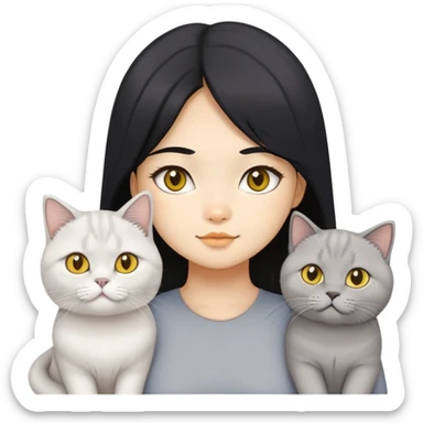 asian black hair girl,  with four cat , grey British Shorthair, yellow British Longhair, White Longhair, white British longhair.  sticker