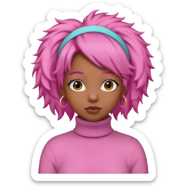 black fluffy haired girl with pink turtleneck sweater and pink hair band sticker