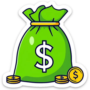 cartoonish sticker of a money bag with gold coins sticker