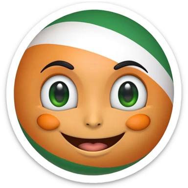 "A 2D-rendered, glossy, spherical emoji with a cheerful smiling face. The sphere is painted with the colors of the Indian flag—saffron on top, white in the middle, and green at the bottom. The emoji has large, shiny green eyes with black pupils, reflecting light for a cute and friendly expression. The background is plain white, making the vibrant colors and glossy texture of the sphere stand out. The overall style is smooth and cartoon-like, with a polished and modern look." sticker