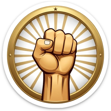 Round emblem symbolizing combat sports, featuring a clenched fist facing forward at the center. The fist is bold and strong, representing power and skill in martial arts. Surrounding the fist are dynamic lines, giving the emblem a sense of motion and energy, emphasizing the intensity of combat. Transparent background. sticker