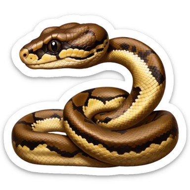 A photo-realistic digital illustration of a Ball Python, chest upward, with a short, rounded head, thick body, and a calm, curious expression. It has a warm brown base color with irregular dark blotches shaped like “alien heads,” and matte-textured scales that emphasize its small, stocky form. sticker