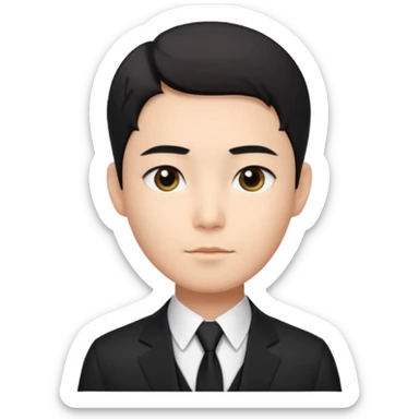 Korean male, clean studio portrait, short black hair with soft middle part,
natural skin tone, neat eyebrows, calm expression,
wearing a black suit, white shirt, black tie,
passport photo style, front facing, realistic, clean background sticker