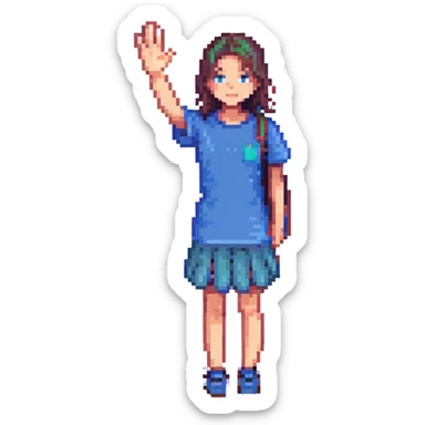 The face of an activist girl waving her hand in a blue T-shirt sticker