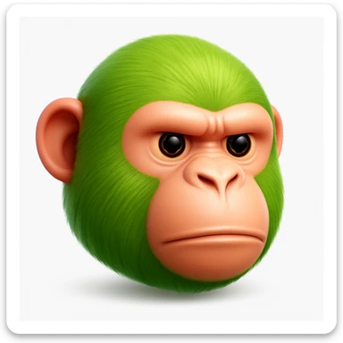 Create a chimpanzee emoji that looks exactly like the reference image in iOS emoji style. The emoji should have 3D appearance, shiny surface, smooth gradients, soft shadows, and realistic green fur on the chimpanzee face with a classic emoji look. Add a soft shadow under the face. sticker