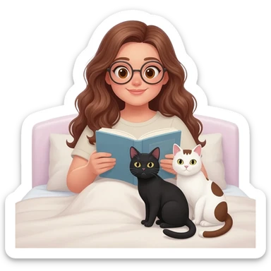 detailed emoji illustration of a curvy woman with long chestnut brown wavy hair, light brown eyes and round glasses sitting on a bed and reading a book, with two cats beside her: one black cat and one white cat with brown spots, cozy bedroom atmosphere, cute emoji style sticker