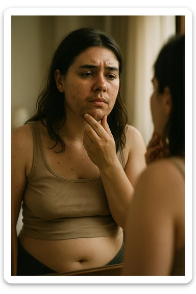 A realistic, cinematic portrait of a young woman in her late 20s standing in front of a mirror, visibly concerned while touching her chin and jawline where small dark facial hairs are noticeable, indicating hirsutism. Her skin appears oily, with a few cystic acne spots on her cheeks and jaw, and her dark hair is slightly greasy, indicating increased sebum production due to androgen excess. Her body shows mild abdominal bloating, and she looks at herself with a mix of frustration and sadness, capturing the emotional struggle linked to PCOS. The scene is set in a softly lit bedroom or bathroom with neutral daylight, with a clear mirror reflection to emphasize self-observation and discomfort. Style: realistic 35mm cinematic look, soft focus on her face and hair details, warm tones to keep it human and relatable sticker