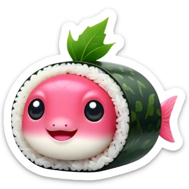Cute Kawaii Maki Sushi Roll, small and round, wrapped in soft dark green seaweed, tiny grains of rice peeking out, a bright pink fish filling, a cheerful smiling face! sticker