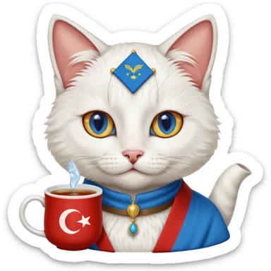 Arkasında Türk bayrağı olan  ve çay içen kafasına fes takan bir van kedisi sticker