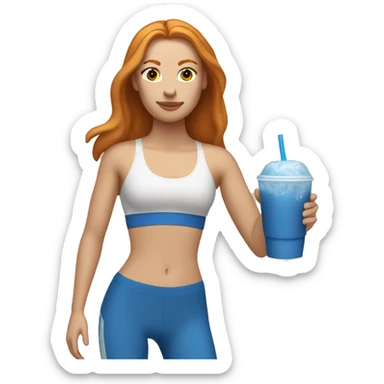 Ginger straight haired white girl in blue sports bra and leggings drinking iced coffee sticker