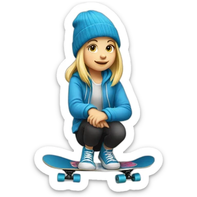 Little blond girl with blue beanie on skateboard sticker