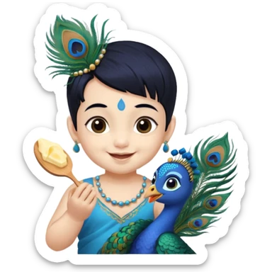 baby krishna, blue skin, medium length black hair, peacock feather in hair,eating butter sticker