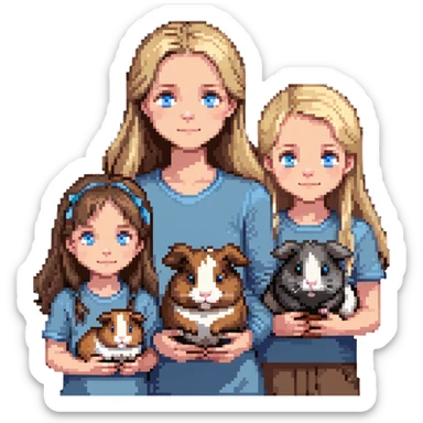 Family portrait with father with dark brown hair and blue eyes, mother with light brown hair and blue eyes, three blonde little girls with blue eyes, plus a grey cat and two guinea pigs sticker