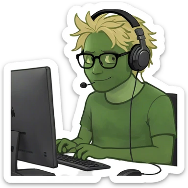 Man working at computer with blonde hair sticker