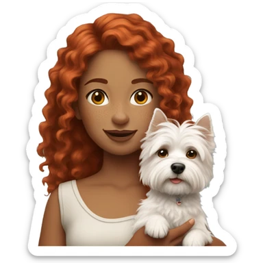 girl with curly red hair and freckles holding a west highland terrier sticker
