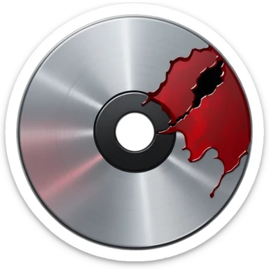 Minimalist emoji-style sticker of a single CD with a sharp crack and a dried blood spot. View from above, black, gray, and muted red.
 sticker