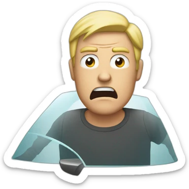 angry man looking through a broken car windshield sticker