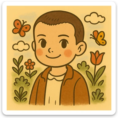 Variation of Eleven from Stranger Things, from the waist up, smiling expression, inspired by coloring drawings of Bobbie Goods and Cuzy, in Ghibli style, square format 1:1. sticker
