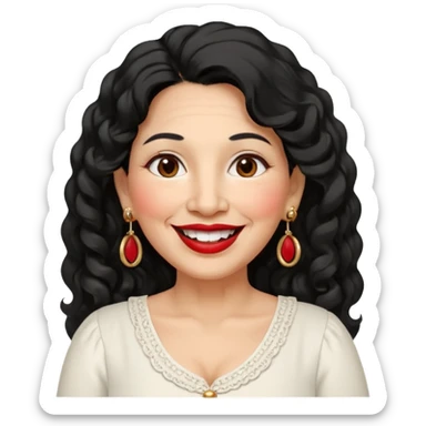 60 yr old peruvian woman, slightly chubby, wavy/curly long black hair, red lipstick, big smile, white teeth, brown eyes, hoop earings, side part to hair, round face, pretty white dress, hair side swept, big hoop earing sticker