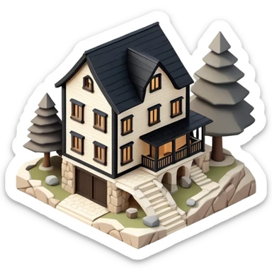 Isometric exterior little black, beige, and white mountain house, dollhouse style 3D realistic  sticker