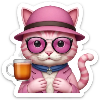 Pink cat with hat, holding cup of tea, wearing sunglasses sticker