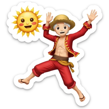 the king of the pirates (luffy) with white hair and clothes jumping in front of the sun sticker