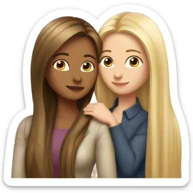 beautiful woman with long straight blonde hair hugging beautiful woman with long straight brown hair sticker