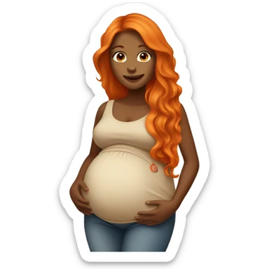 Tan girl with long orange hair holding pregnant stomach sticker