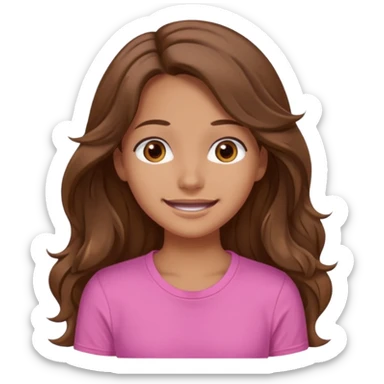 A pretty girl with tan skin and long wavy hair, wearing a pink basic shirt with brown eyes and a closed mouth smile sticker