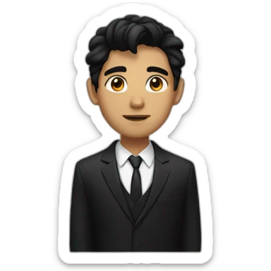 young man with black hair and black eyes and a black suit and hair to the left sticker