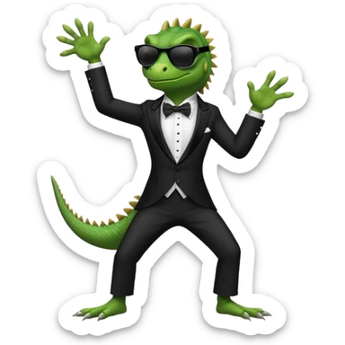 capitalist iguana in tuxedo with black sunglasses dancing sticker