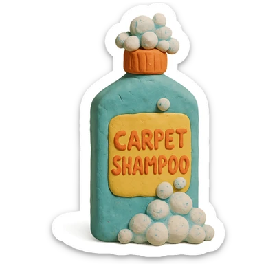 carpet shampoo bottle with bubbles and suds, playful look, claymation style sticker