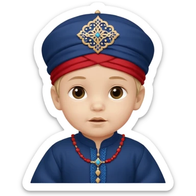  Caucasian baby boy dressed in a dark blue ghalibiya with delicate decorations with a Red Moracain hat  sticker
