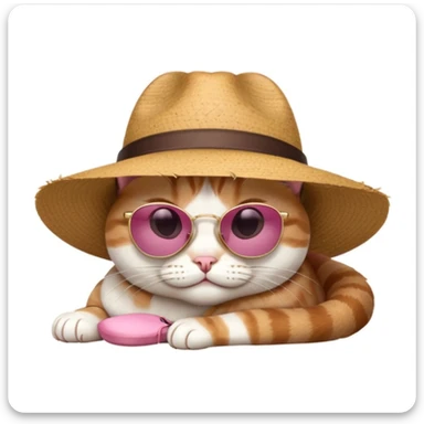a cat in a summer panama hat with large brim, wearing sunglasses, lying on its stomach with its head resting on the ground sticker