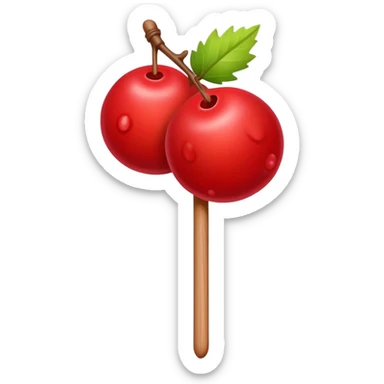 Candied hawthorn fruits on wooden stick Tanghulu, simplified emoji style with bold outlines and bright colors, cartoon style shiny red Chinese sweet sticker
