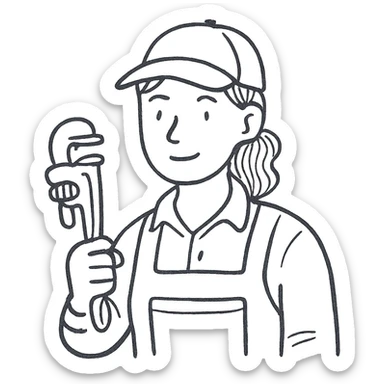 female plumber, woman in work clothes holding a pipe wrench, simple lines, hand drawn outline style sticker