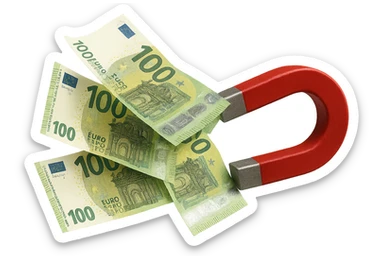 banconote di euro fluttuano vicino ad una calamita rossa, sono attratte, iperrealistico 4k sticker