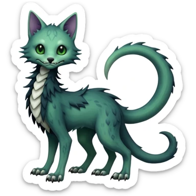 Kawaii spooky dark bleak blackish swampy white-skeletal gloomy ghostly dark greyish dark-deep-greenish foggy eldritch beautiful realistic edgy fantasy ghoul-like stitched feline-vernid-sergal-fursona animal creature with a tufted tail full body with intricate markings  sticker