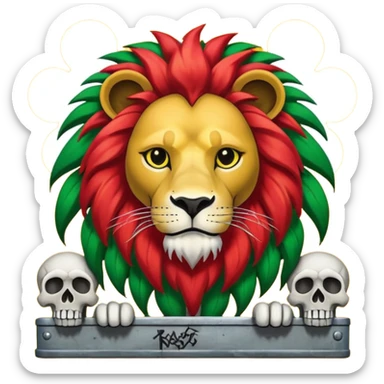 Create a power station with a rasta cap on with red gold green grafite of a lion and skulls with Fred the fossibot grafted on it sticker
