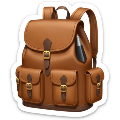Draw a leather backpack using a front camera with an 80-degree angle from the ground, ensuring the object remains stationary without rotation or tilt. sticker