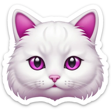 White cat, sad face, tear drop below one eye, magenta eyes, black background, cute cartoon style sticker