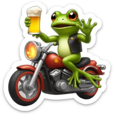 Frog riding motorcycle with fire exhaut and beer in one hand sticker