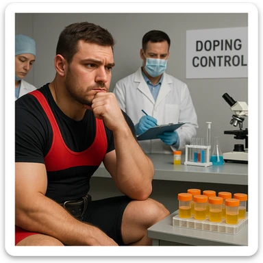 European powerlifter in competition, waiting for anti-doping test results, thoughtful look, medical staff and laboratory instruments, realistic atmosphere, test room background. sticker
