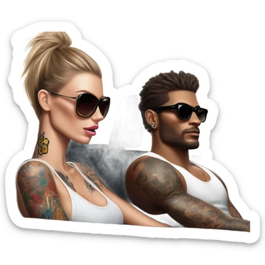 Photo of Victoria secret model driving in a sports car with a tattooed male model  sticker