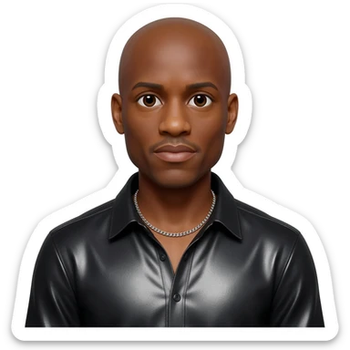 Tyrese Gibson with bald head, black metallic shirt, silver necklace sticker