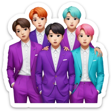 Cinematic Realistic group portrait of BTS featuring all 7 members in stylish modern attire, with detailed facial expressions and vibrant colors, captured in dynamic, contemporary lighting that emphasizes their global pop icon status sticker