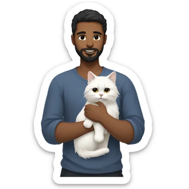a man with black short hair and beard holding a white siberian cat sticker